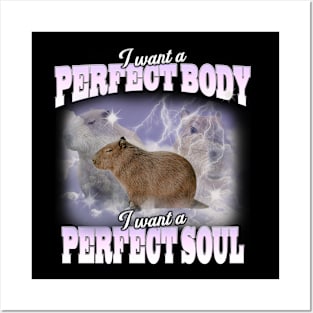 Cabybara Vintage 90s Bootleg Style Graphic T-Shirt, i want a perfect body i want a perfect soul Shirt, Funny Capybara Meme Posters and Art